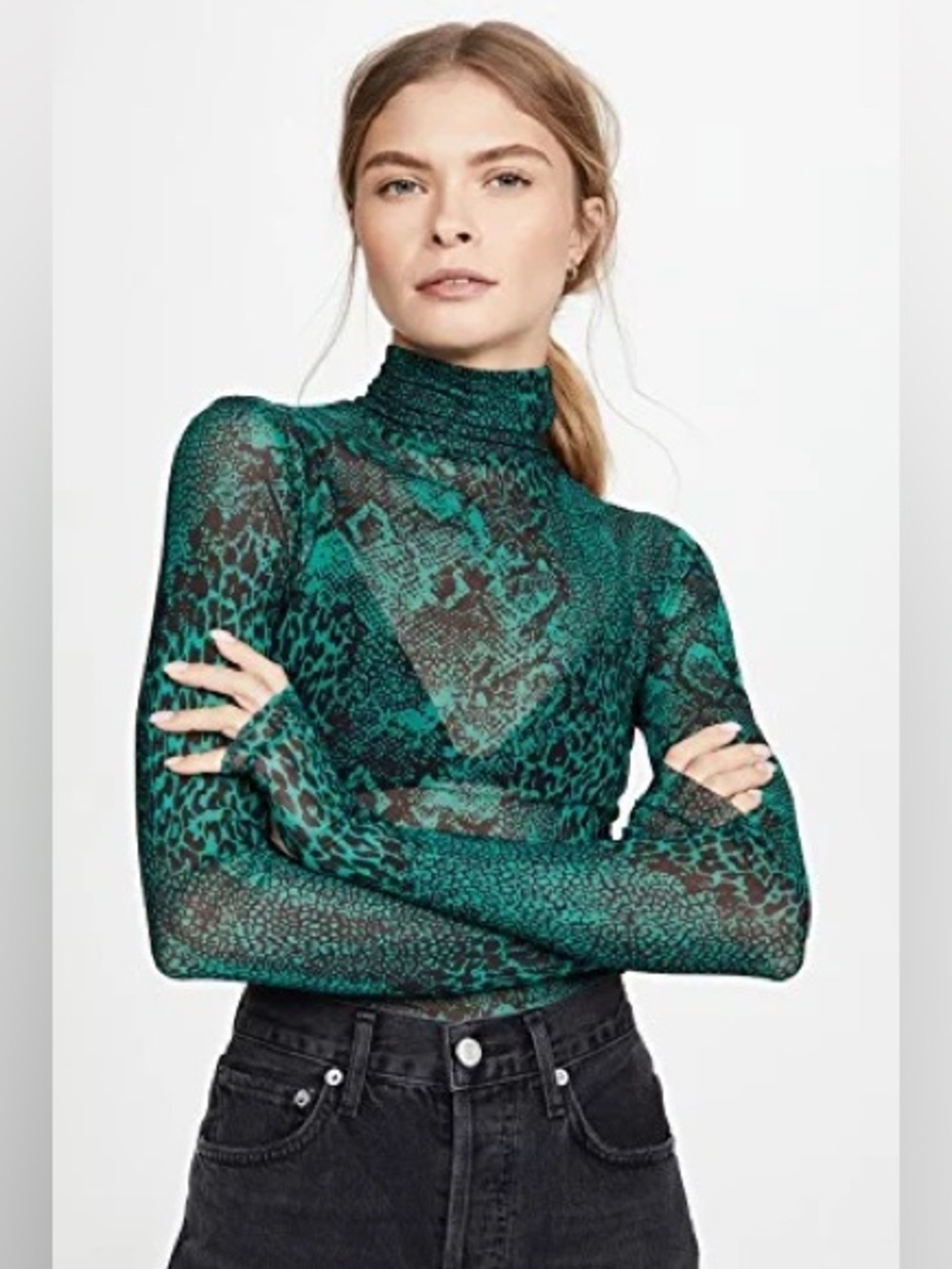 AFRM Green Animal-Print Mock Neck Sheer Top